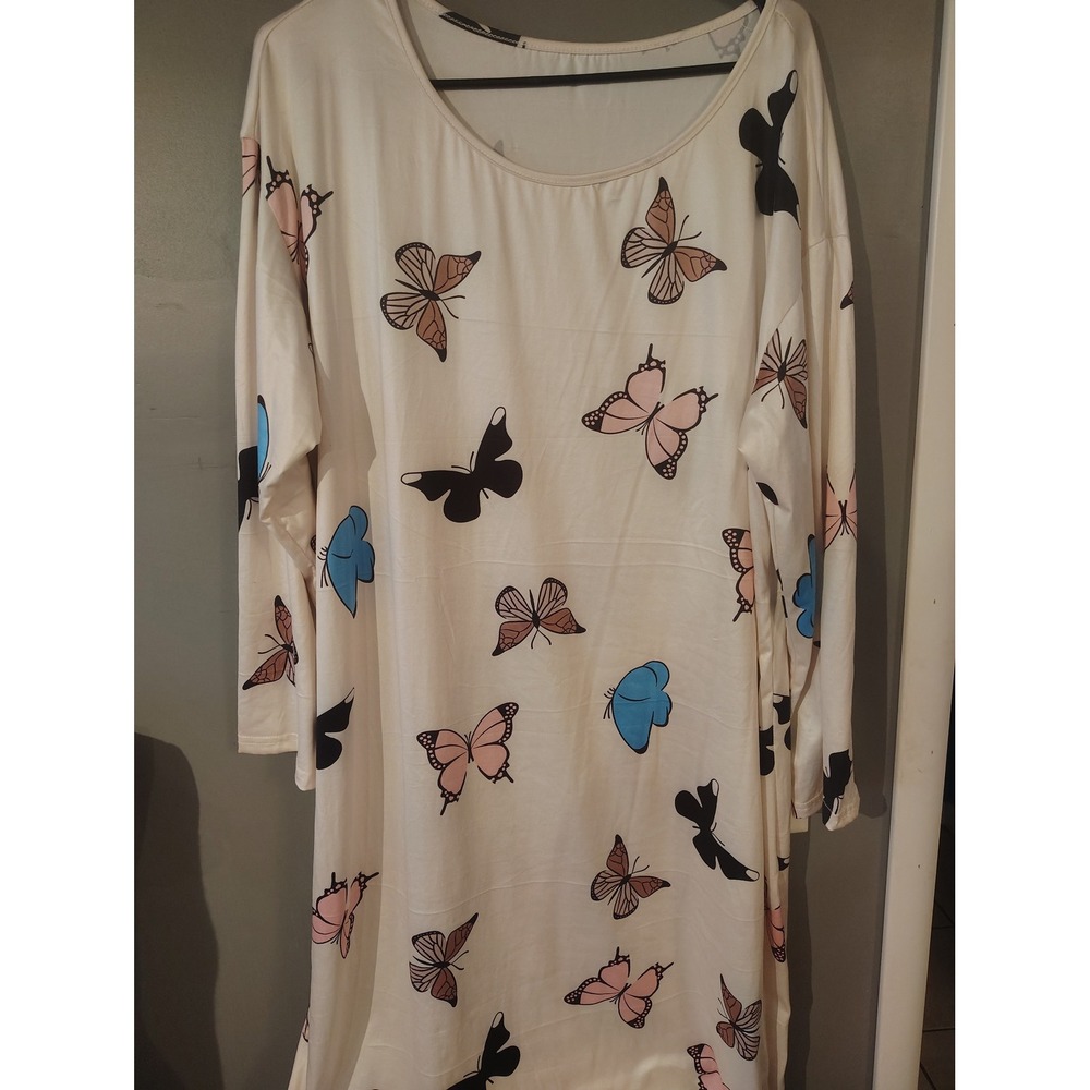 Cream Butterfly Print Long Sleeve Nightgown Lounge Dress 2XL